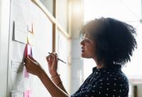 woman organizing ideas on white board